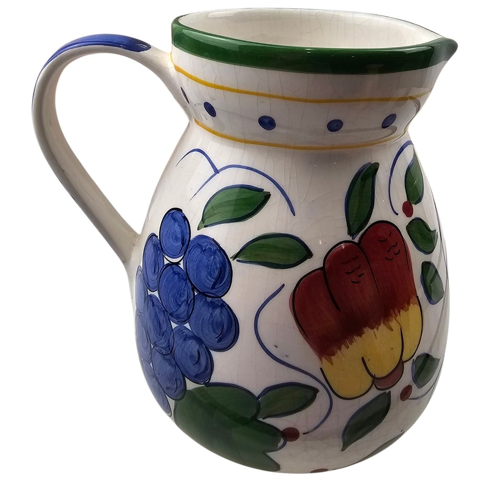 World Market Hand Painted Fruit Ceramic Pitcher Crackle Glaze Made in Thailand